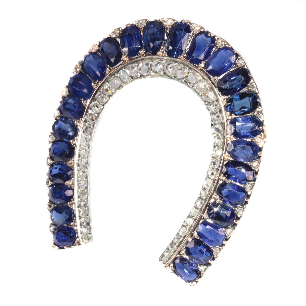 Antique Victorian brooch horse shoe with 67 diamonds and over 11 crts sapphires